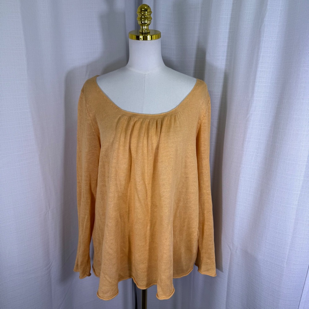 Eileen Fisher 100% Linen Knit Top Womens L Orange Scoop Neck Pleated